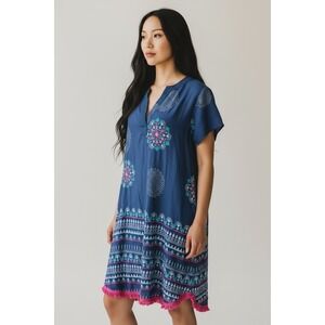 Rubyyaya Navy Embroidered Rhinestone Tassled Swim Coverup Knee Length Dress - S